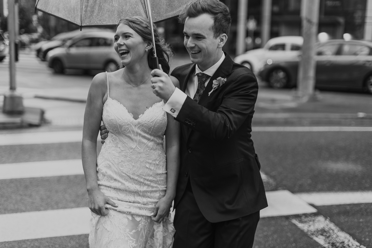 Couple Crossing the street. Taken by Portland Wedding Photographer Nate Meeds